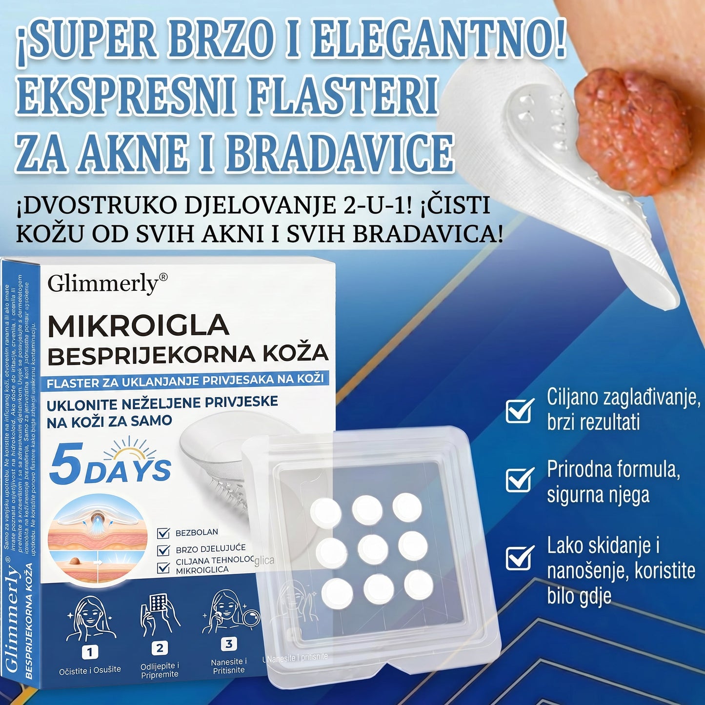 👩‍⚕️ Glimmerly® 2 u 1 MIKROIGLA BESPRIJEKORNA KOŽA | Sredstvo za uklanjanje podignutih madeža, akni, ravnih bradavica i kožnih izraslina | Poboljšava bore, ožiljke i mrlje | Nevidljivi flasteri za prištiće za lice i tijelo | 144 komada
